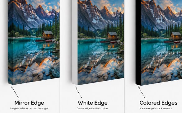 Canvas photo prints artistic edge options: Mirror Edge, White Edge, and Colored Edges