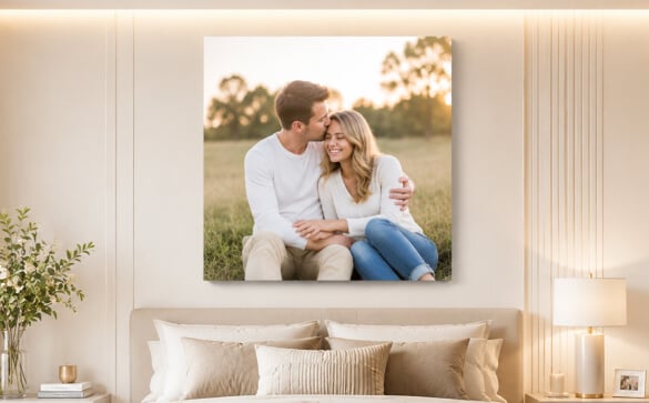Canvas photo print hanging above a bed in a modern bedroom