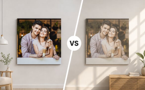 Comparison of a vibrant high-quality canvas print versus a faded low-quality print