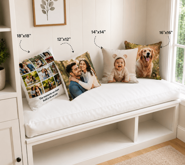 Multiple sizes of throw pillows